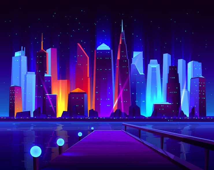 未来科技科幻霓虹灯渐变绚丽城市建筑夜景灯光插画AI/PSD设计素材100套【053】
